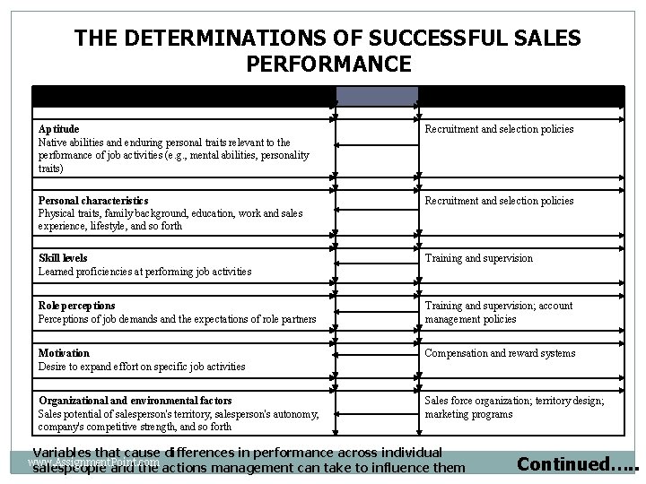 THE DETERMINATIONS OF SUCCESSFUL SALES PERFORMANCE Variables Affecting Performance Management Action Aptitude Native abilities
