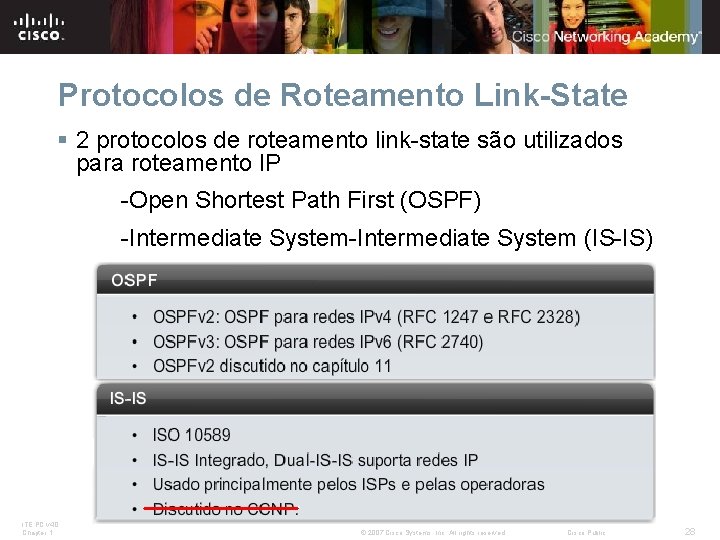 Protocolos de Roteamento Link-State § 2 protocolos de roteamento link-state são utilizados para roteamento