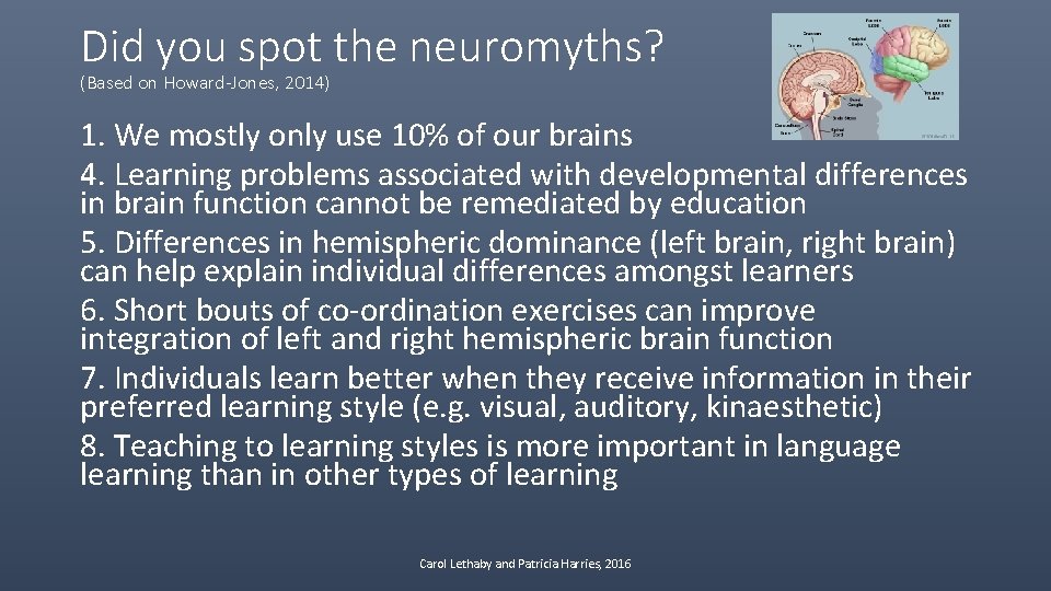 Did you spot the neuromyths? (Based on Howard-Jones, 2014) 1. We mostly only use