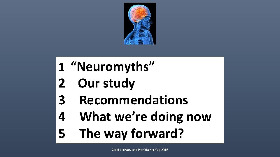 1 “Neuromyths” 2 Our study 3 Recommendations 4 What we’re doing now 5 The