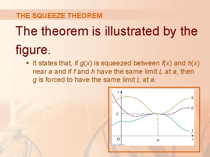 THE SQUEEZE THEOREM The theorem is illustrated by the figure. § It states that,