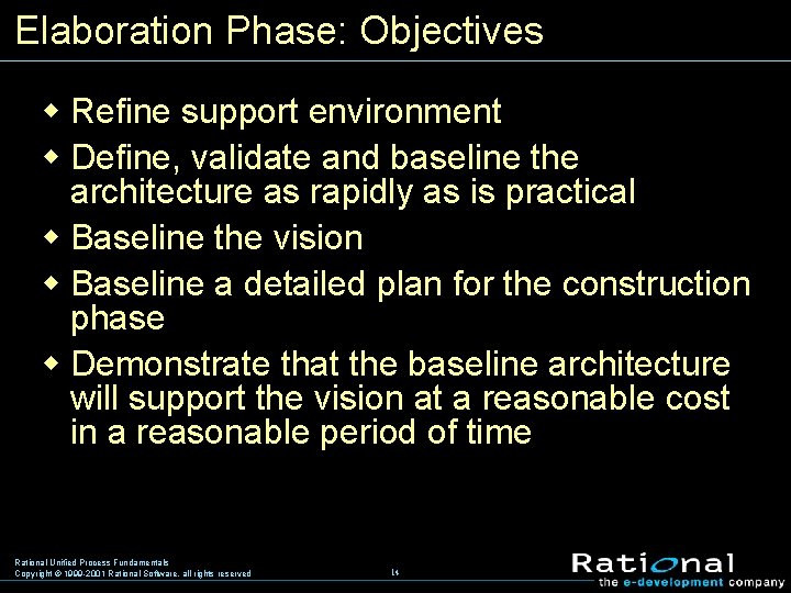 Elaboration Phase: Objectives w Refine support environment w Define, validate and baseline the architecture
