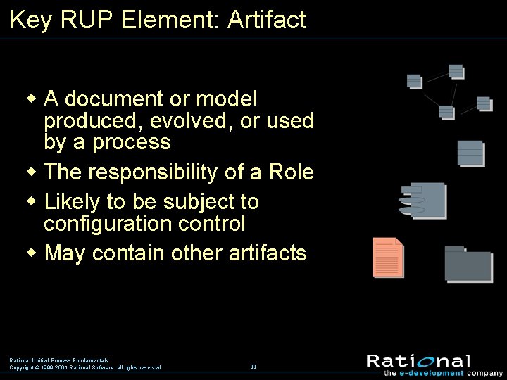 Key RUP Element: Artifact w A document or model produced, evolved, or used by