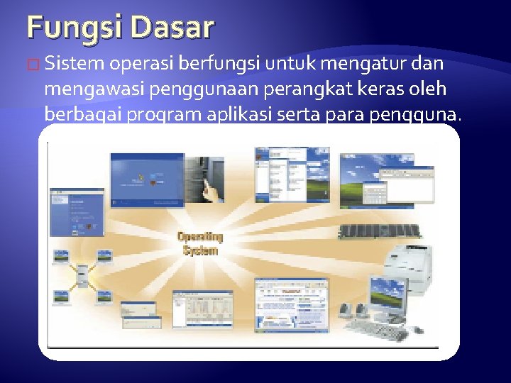 Fungsi Dasar � Sistem operasi berfungsi untuk mengatur dan mengawasi penggunaan perangkat keras oleh