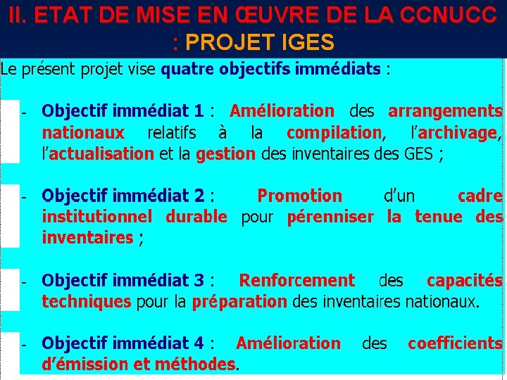 II. ETAT DE MISE EN ŒUVRE DE LA CCNUCC : PROJET IGES 