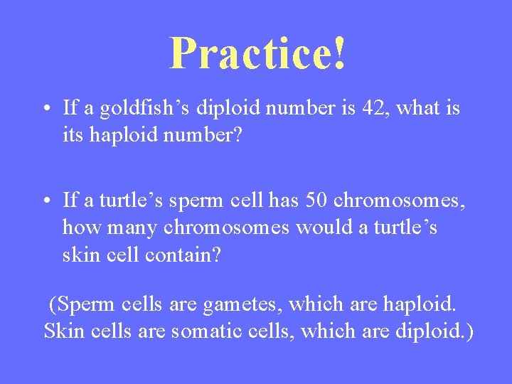 Practice! • If a goldfish’s diploid number is 42, what is its haploid number?