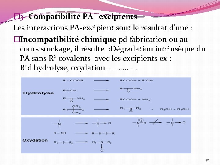 � 3 - Compatibilité PA –excipients Les interactions PA-excipient sont le résultat d’une :