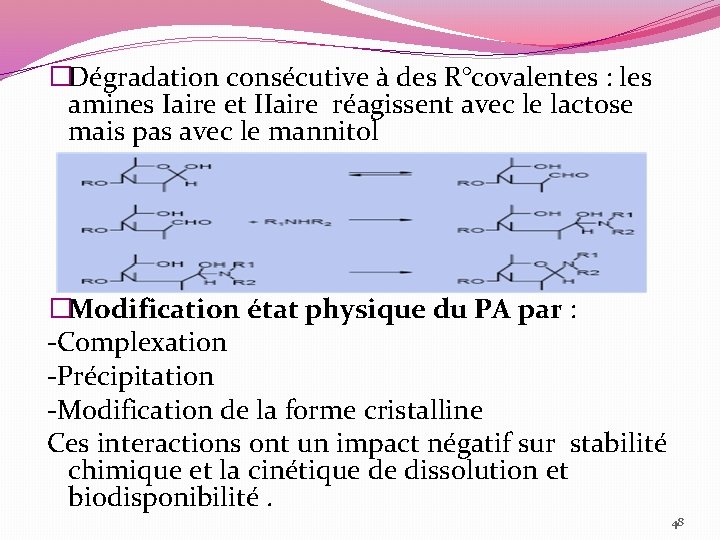 �Dégradation consécutive à des R°covalentes : les amines Iaire et IIaire réagissent avec le