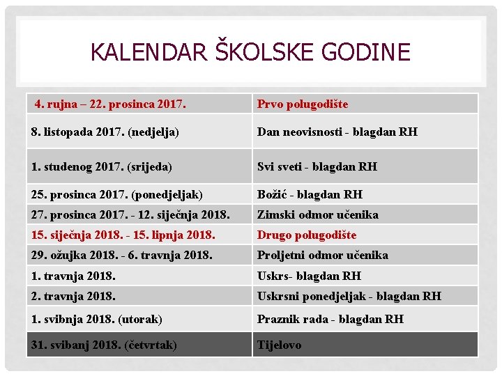 KALENDAR ŠKOLSKE GODINE 4. rujna – 22. prosinca 2017. Prvo polugodište 8. listopada 2017.