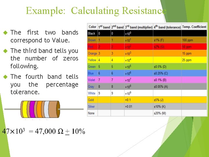 Example: Calculating Resistance The first two bands correspond to Value. The third band tells