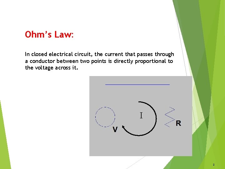 Ohm’s Law: In closed electrical circuit, the current that passes through a conductor between