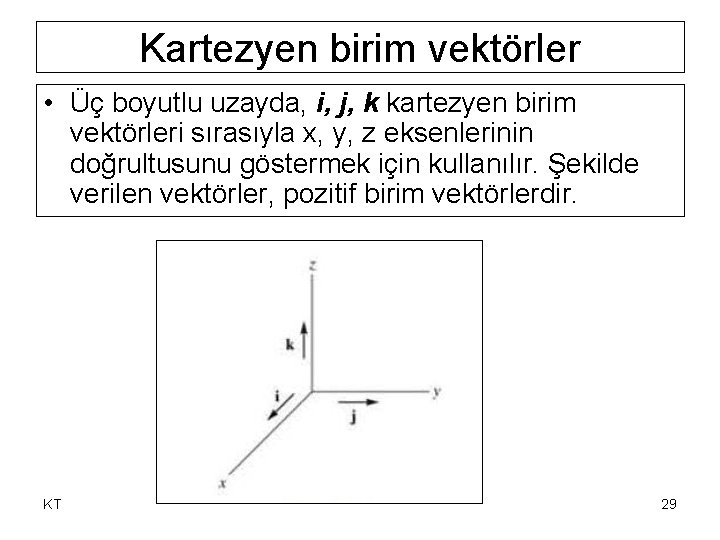 Kartezyen birim vektörler • Üç boyutlu uzayda, i, j, k kartezyen birim vektörleri sırasıyla Kartezyen birim vektörler • Üç boyutlu uzayda, i, j, k kartezyen birim vektörleri sırasıyla