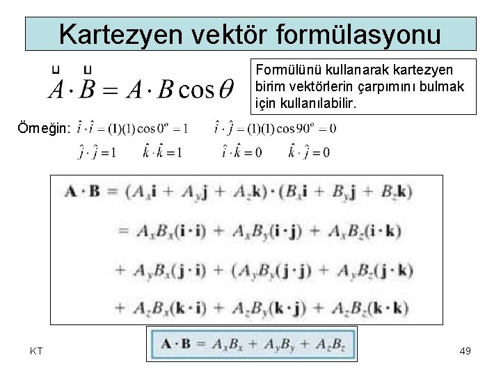 Kartezyen vektör formülasyonu Formülünü kullanarak kartezyen birim vektörlerin çarpımını bulmak için kullanılabilir. Örneğin: KT Kartezyen vektör formülasyonu Formülünü kullanarak kartezyen birim vektörlerin çarpımını bulmak için kullanılabilir. Örneğin: KT