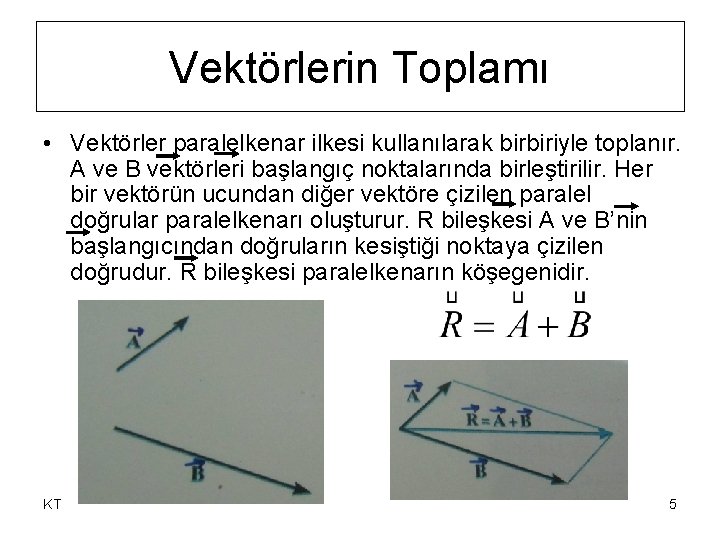 Vektörlerin Toplamı • Vektörler paralelkenar ilkesi kullanılarak birbiriyle toplanır. A ve B vektörleri başlangıç Vektörlerin Toplamı • Vektörler paralelkenar ilkesi kullanılarak birbiriyle toplanır. A ve B vektörleri başlangıç