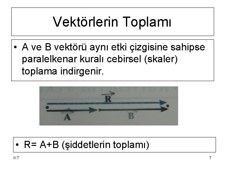 Vektörlerin Toplamı • A ve B vektörü aynı etki çizgisine sahipse paralelkenar kuralı cebirsel Vektörlerin Toplamı • A ve B vektörü aynı etki çizgisine sahipse paralelkenar kuralı cebirsel