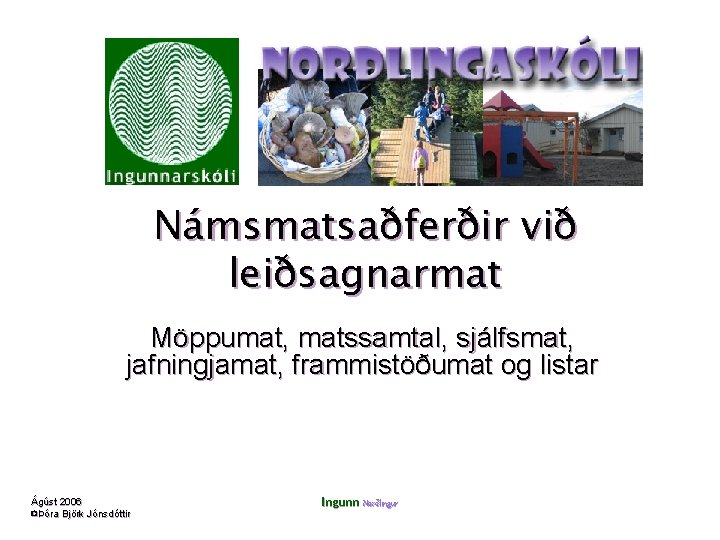 Námsmatsaðferðir við leiðsagnarmat Möppumat, matssamtal, sjálfsmat, jafningjamat, frammistöðumat og listar Ágúst 2006 ©Þóra Björk