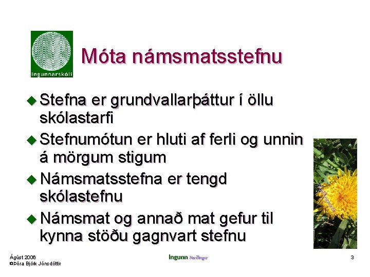 Móta námsmatsstefnu u Stefna er grundvallarþáttur í öllu kóli Ingunn Norðlingur gas Ágúst 2006