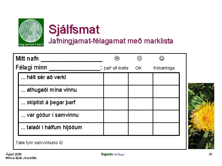 Sjálfsmat Jafningjamat-félagamat með marklista Mitt nafn _________ Félagi minn ________: þarf að bæta OK