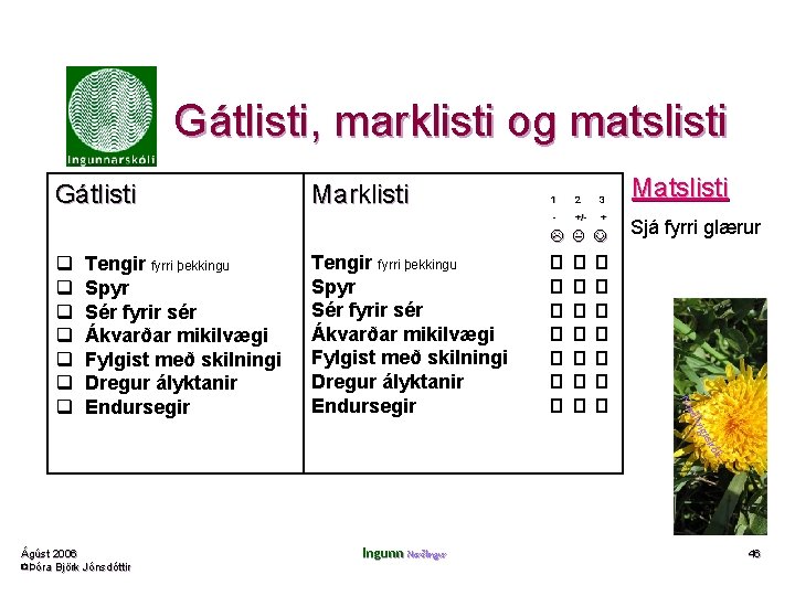 Gátlisti, marklisti og matslisti Gátlisti Marklisti 1 2 3 - +/- + Tengir fyrri