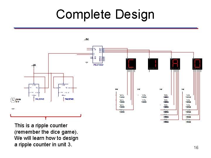 Complete Design This is a ripple counter (remember the dice game). We will learn