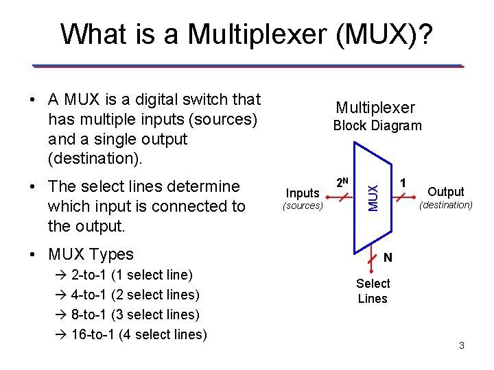 What is a Multiplexer (MUX)? • A MUX is a digital switch that has