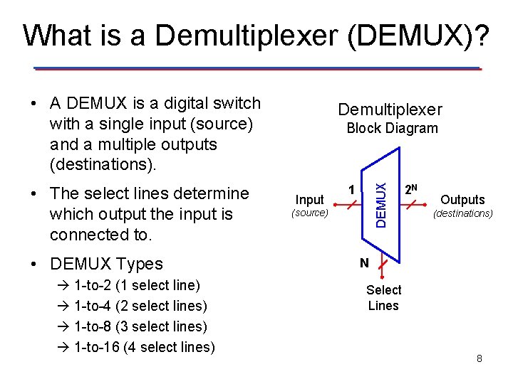 What is a Demultiplexer (DEMUX)? • A DEMUX is a digital switch with a