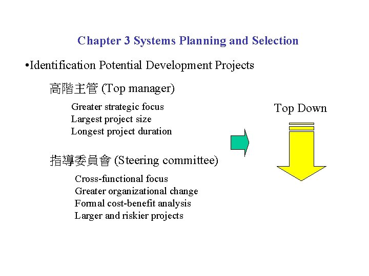 Chapter 3 Systems Planning and Selection • Identification Potential Development Projects 高階主管 (Top manager)