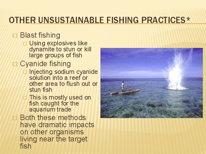OTHER UNSUSTAINABLE FISHING PRACTICES* � Blast fishing � � Cyanide fishing � � �