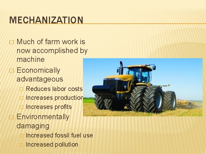 MECHANIZATION � � Much of farm work is now accomplished by machine Economically advantageous