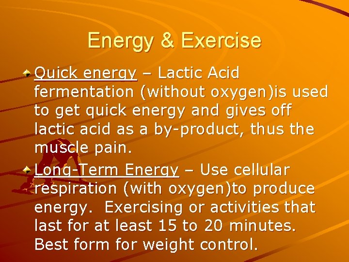 Energy & Exercise Quick energy – Lactic Acid fermentation (without oxygen)is used to get
