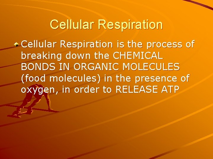 Cellular Respiration is the process of breaking down the CHEMICAL BONDS IN ORGANIC MOLECULES