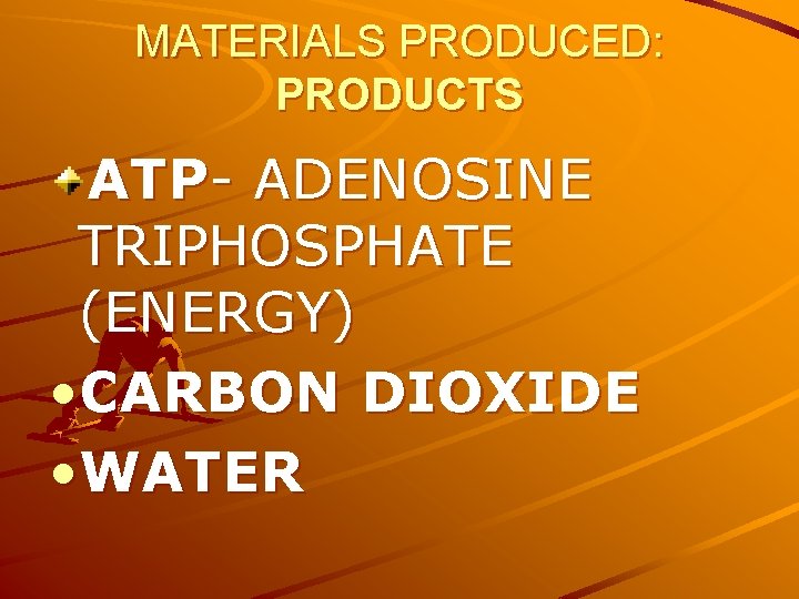 MATERIALS PRODUCED: PRODUCTS ATP- ADENOSINE TRIPHOSPHATE (ENERGY) • CARBON DIOXIDE • WATER 