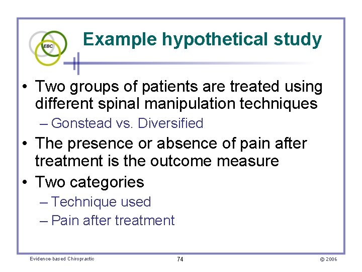 Example hypothetical study • Two groups of patients are treated using different spinal manipulation