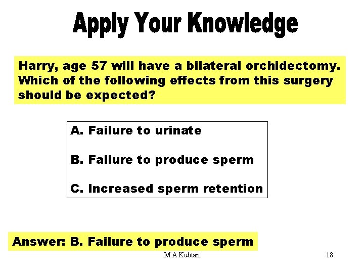 Apply Your Knowledge Harry, age 57 will have a bilateral orchidectomy. Which of the