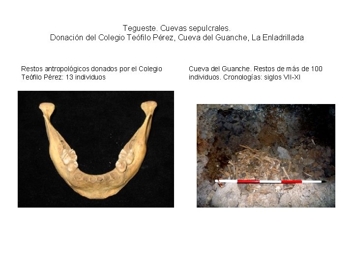 Tegueste. Cuevas sepulcrales. Donación del Colegio Teófilo Pérez, Cueva del Guanche, La Enladrillada Restos