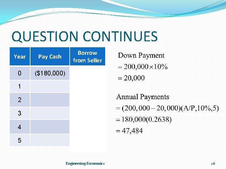 QUESTION CONTINUES Year Pay Cash Borrow from Seller 0 ($180, 000) ($20, 000) 1