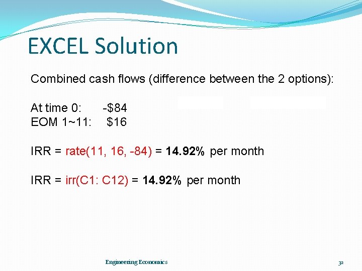 EXCEL Solution Combined cash flows (difference between the 2 options): At time 0: -$84