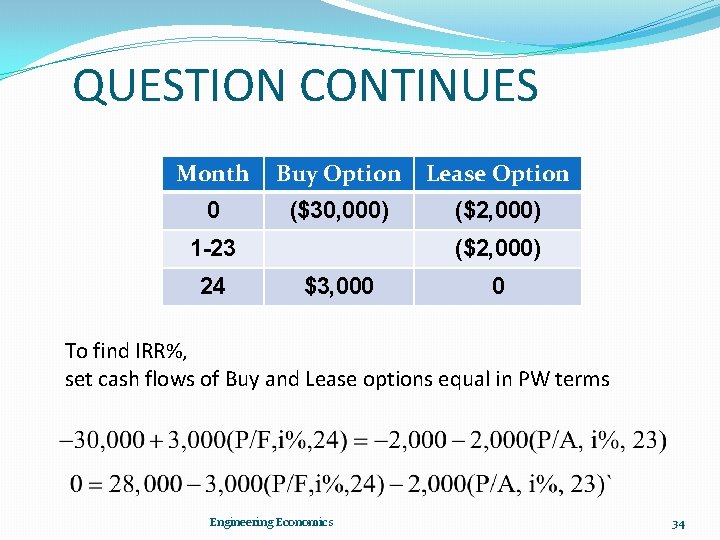 QUESTION CONTINUES Month Buy Option Lease Option 0 ($30, 000) ($2, 000) 1 -23