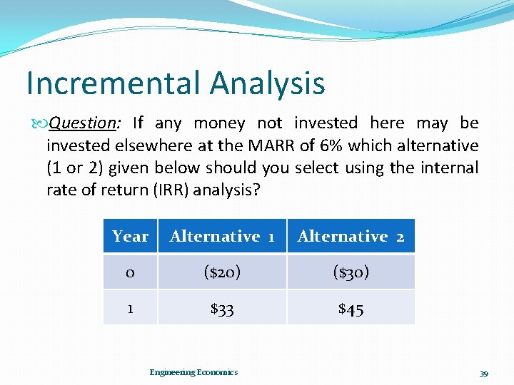 Incremental Analysis Question: If any money not invested here may be invested elsewhere at