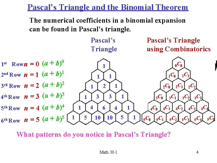 Pascal’s Triangle and the Binomial Theorem The numerical coefficients in a binomial expansion can