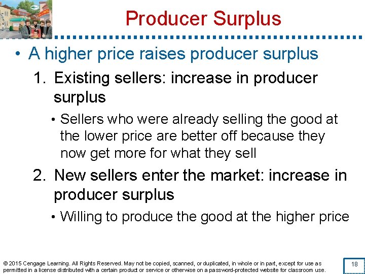 Producer Surplus • A higher price raises producer surplus 1. Existing sellers: increase in