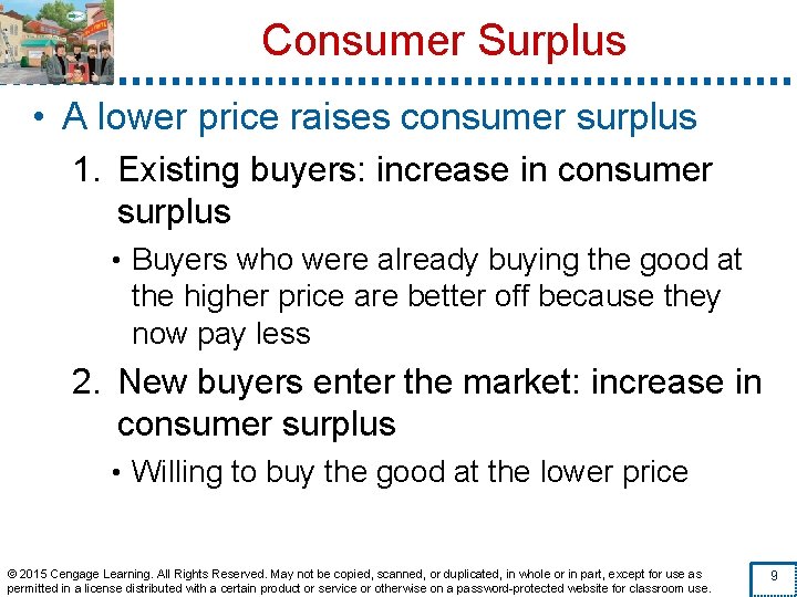 Consumer Surplus • A lower price raises consumer surplus 1. Existing buyers: increase in