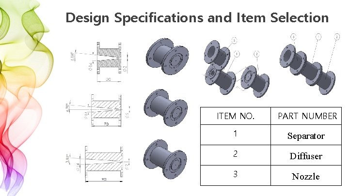 Design Specifications and Item Selection ITEM NO. PART NUMBER 1 Separator 2 Diffuser 3