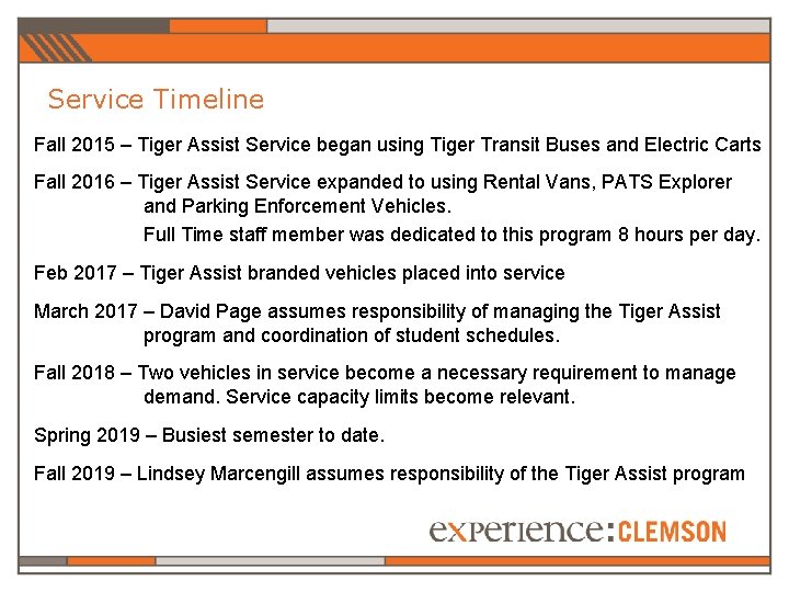 Service Timeline Fall 2015 – Tiger Assist Service began using Tiger Transit Buses and