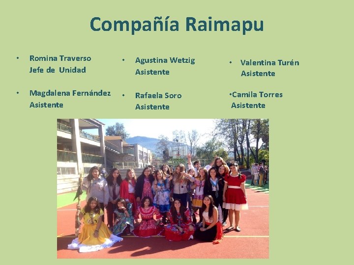 Compañía Raimapu • Romina Traverso Jefe de Unidad • Agustina Wetzig Asistente • Valentina Compañía Raimapu • Romina Traverso Jefe de Unidad • Agustina Wetzig Asistente • Valentina