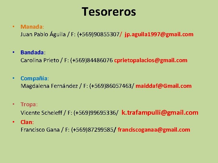 Tesoreros • Manada: Juan Pablo Águila / F: (+569)90855307/ jp. aguila 1997@gmail. com • Tesoreros • Manada: Juan Pablo Águila / F: (+569)90855307/ jp. aguila 1997@gmail. com •