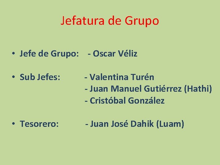 Jefatura de Grupo • Jefe de Grupo: - Oscar Véliz • Sub Jefes: - Jefatura de Grupo • Jefe de Grupo: - Oscar Véliz • Sub Jefes: -