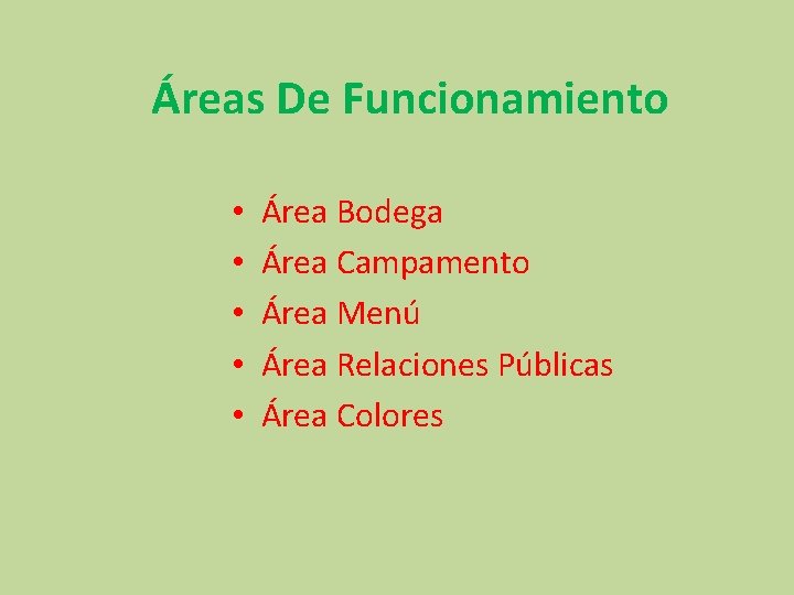 Áreas De Funcionamiento • • • Área Bodega Área Campamento Área Menú Área Relaciones Áreas De Funcionamiento • • • Área Bodega Área Campamento Área Menú Área Relaciones