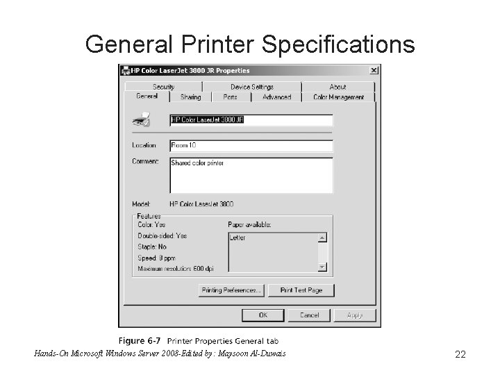 General Printer Specifications Hands-On Microsoft Windows Server 2008 -Edited by: Maysoon Al-Duwais 22 