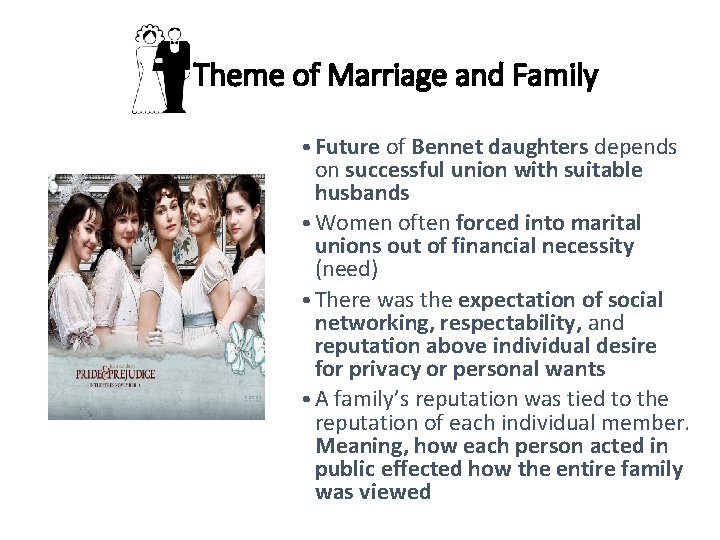 Theme of Marriage and Family • Future of Bennet daughters depends on successful union